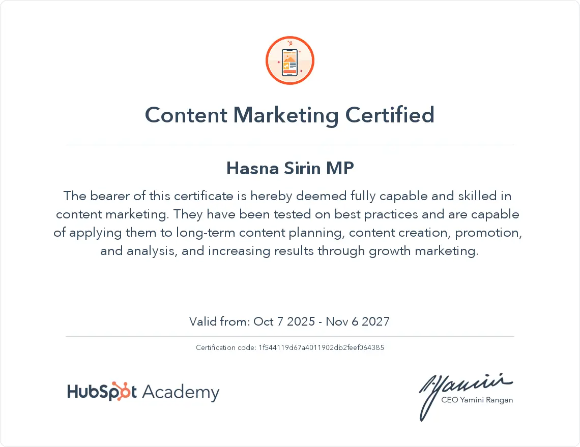 HubSpot certification logo of the Best Freelance Digital Marketer in Kerala, India